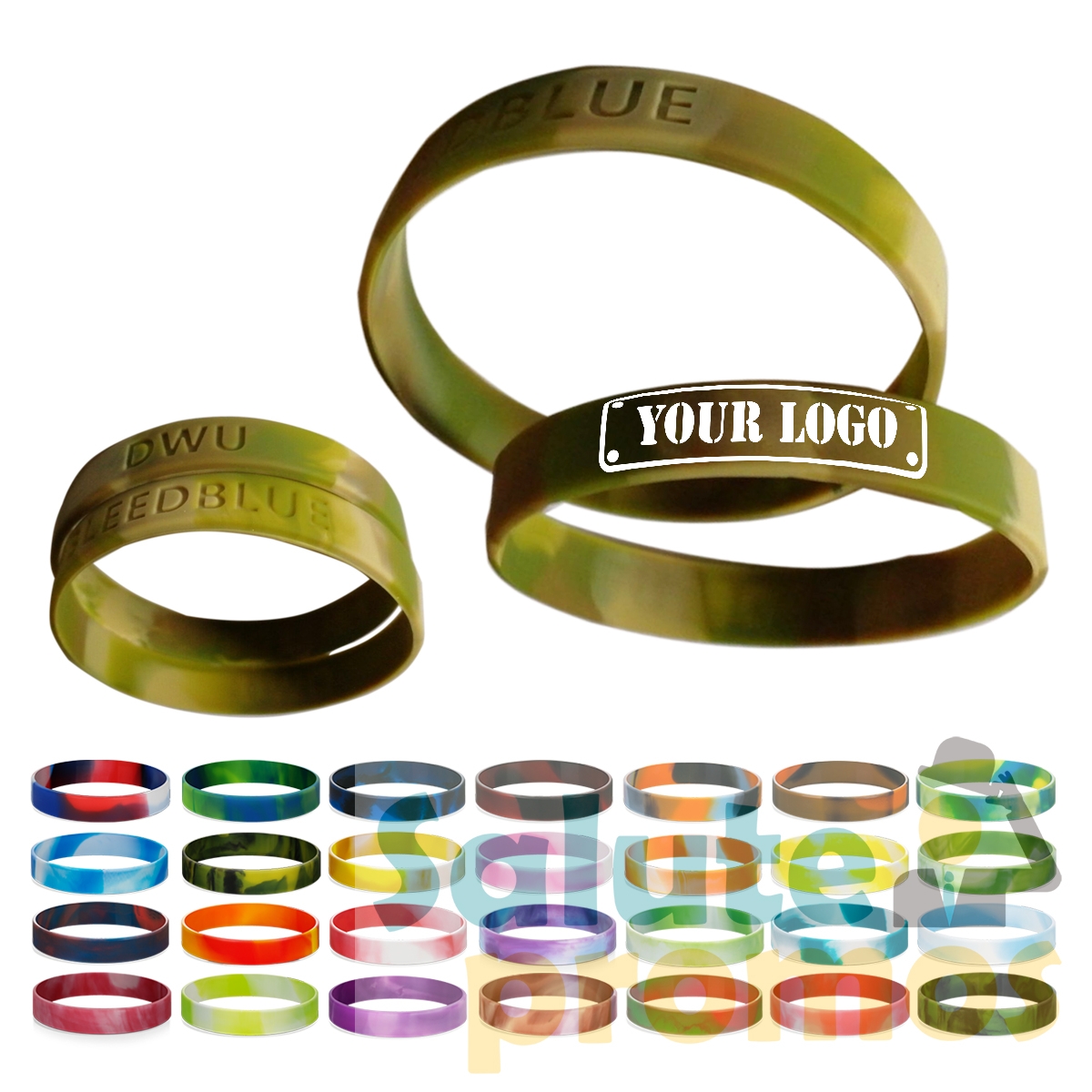Custom swirled military camo silicone wristband / rubber bracelet with