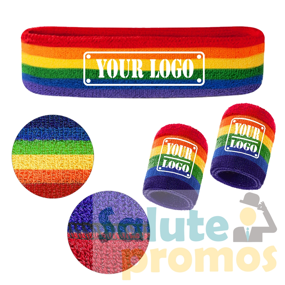 Custom Rainbow Embroidered cotton terry headband & sweat wristband for