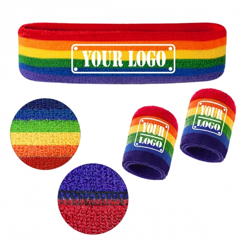 Custom Rainbow Embroidered cotton terry headband & sweat wristband for